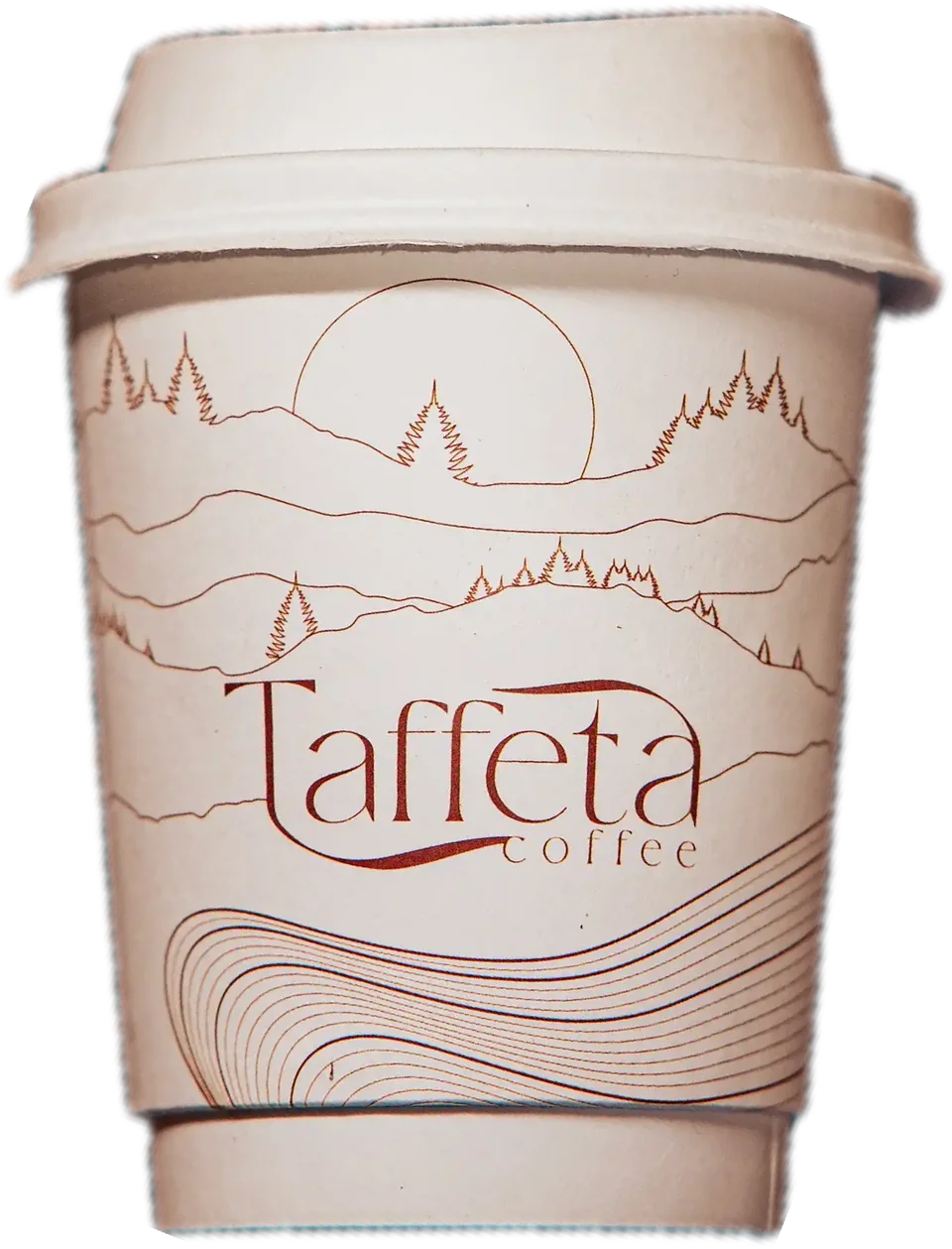 A Taffeta takeaway cup with its mountain-line artwork