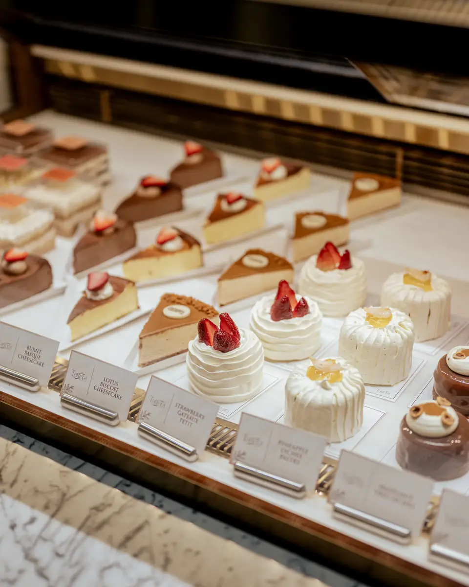 The full dessert counter with rows of cakes, entremets and slices