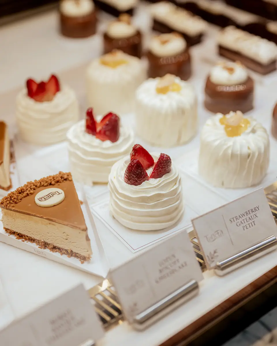 Strawberry-topped cakes and a biscuit cheesecake in the dessert counter