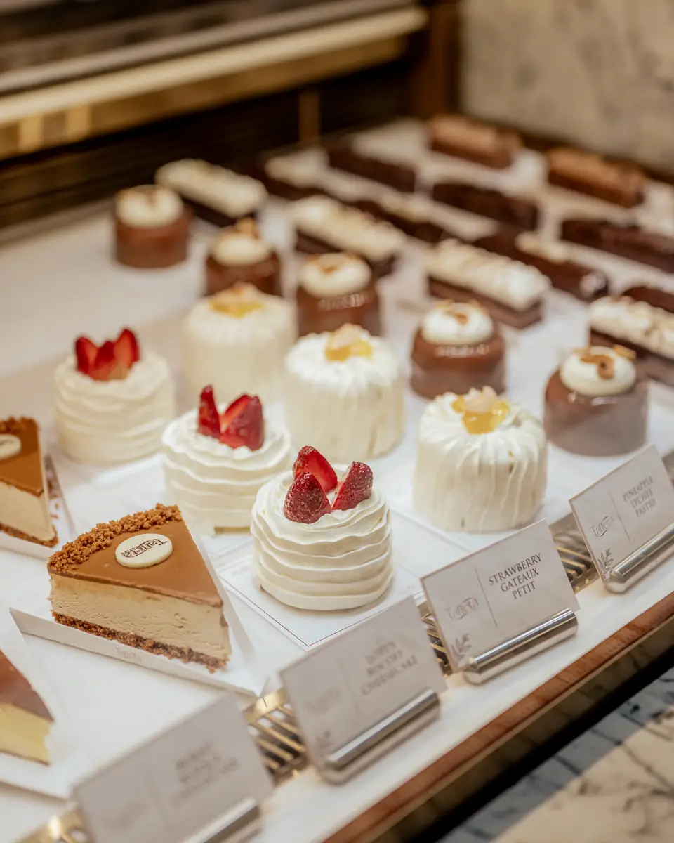 Cakes, chocolate entremets and pastry bars lined up in the dessert counter