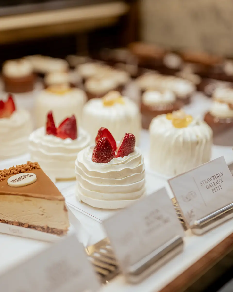 Close-up of strawberry cakes in the dessert counter with name cards