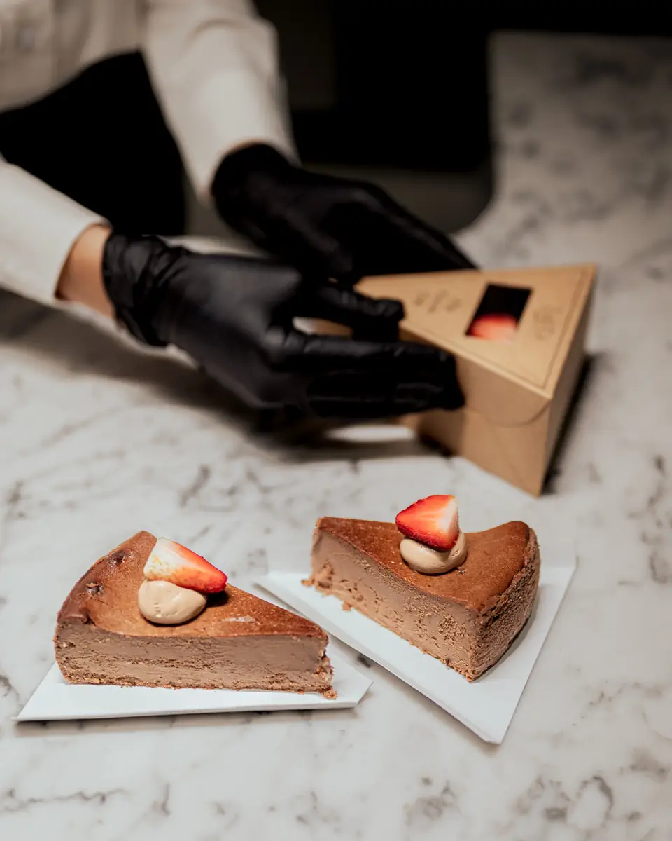 Two slices of chocolate cake with strawberries, next to a Taffeta cake box
