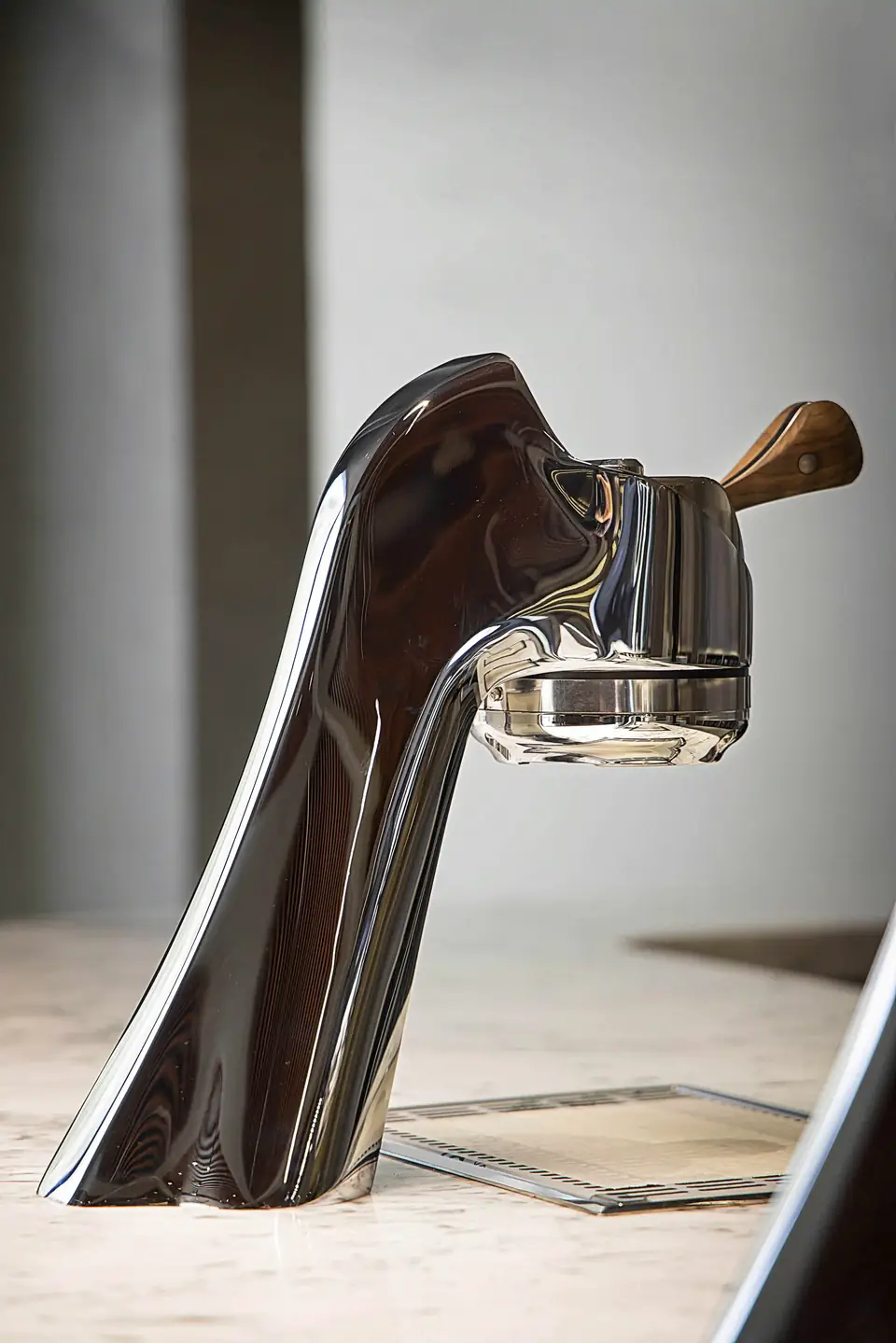 The polished chrome Modbar espresso tap with a wooden handle