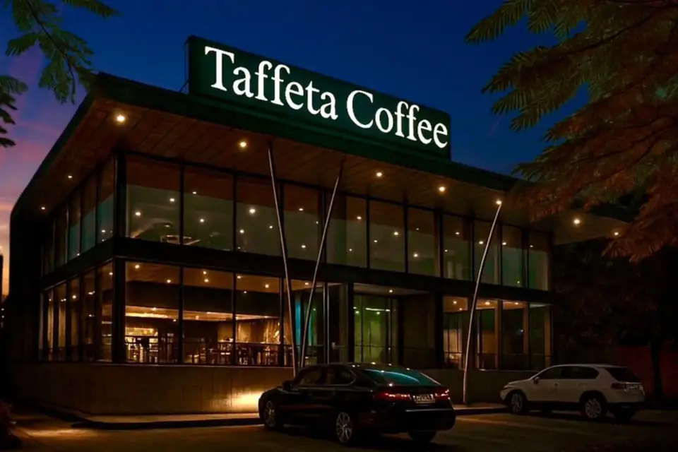 Taffeta Coffee's glass-fronted building on Tonk Road at night, sign lit